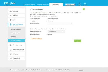 Erweitert => USB-Einstellungen:3G/4G-Einstellungen