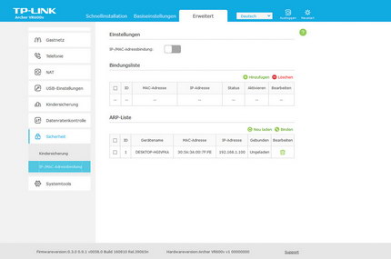 Erweitert => Sicherheit: IP-/MAC Adressbindung