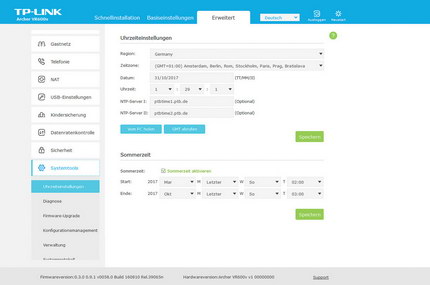 Erweitert => Systemtools: Uhrzeiteinstellung